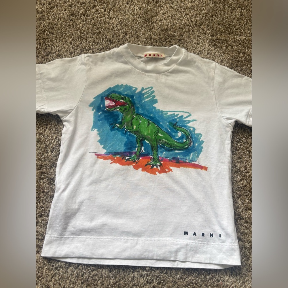 Marni White Kids Tee with Green Dinosaur Graphic and Blue Accent